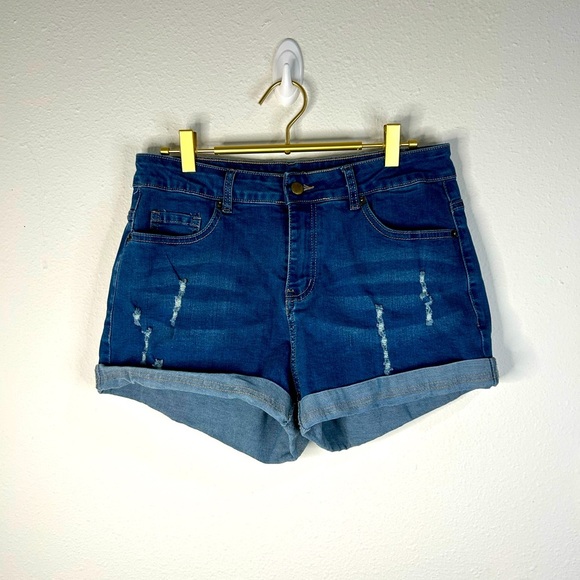 Womens Distressed Cuffed Denim Shorts Large High Rise Stretch Blue Casual Summer - Picture 3 of 6
